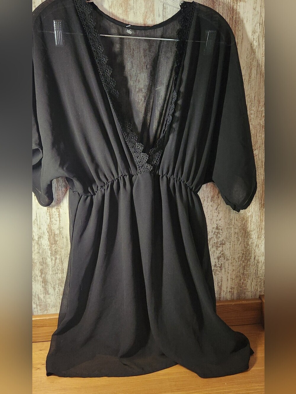 SHEIN Black Sheer Lace-Trim Upper Solid Lower Skirt Swim Coverup Beach L@@K NICE